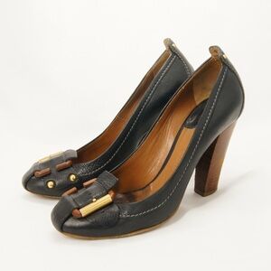 Chloe Classic Buckle Round Toe Black Leather Wood Wedge Heels